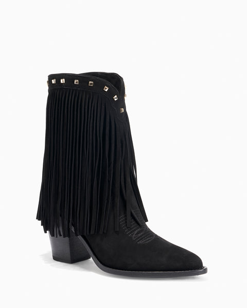 Hallee Women's Fringe Cowboy Boots in Black Suede Made in